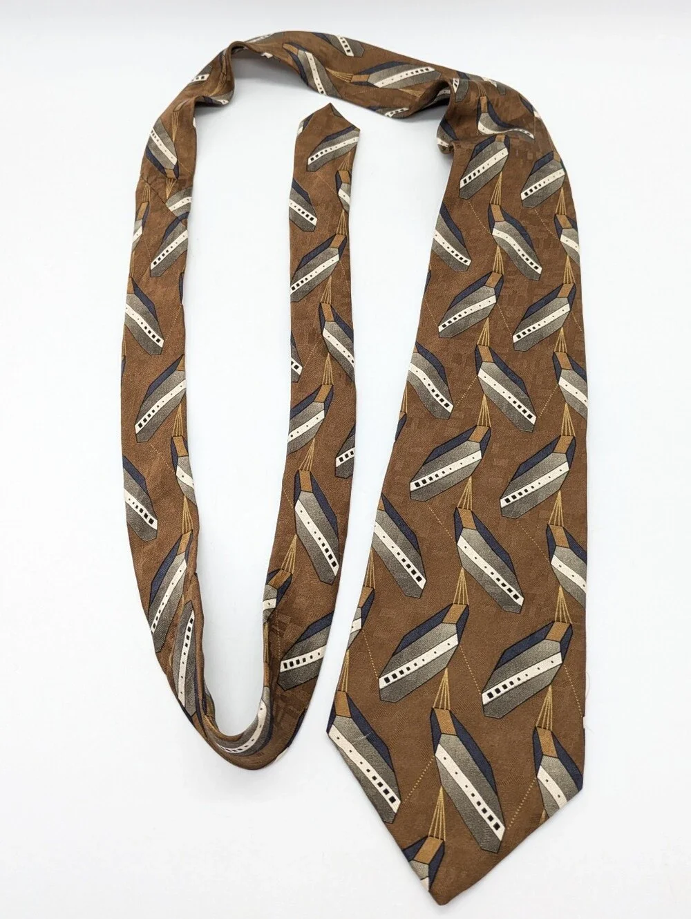 Vintage Conte Di Milano Brown Blue Geometric Abstract Silk Tie